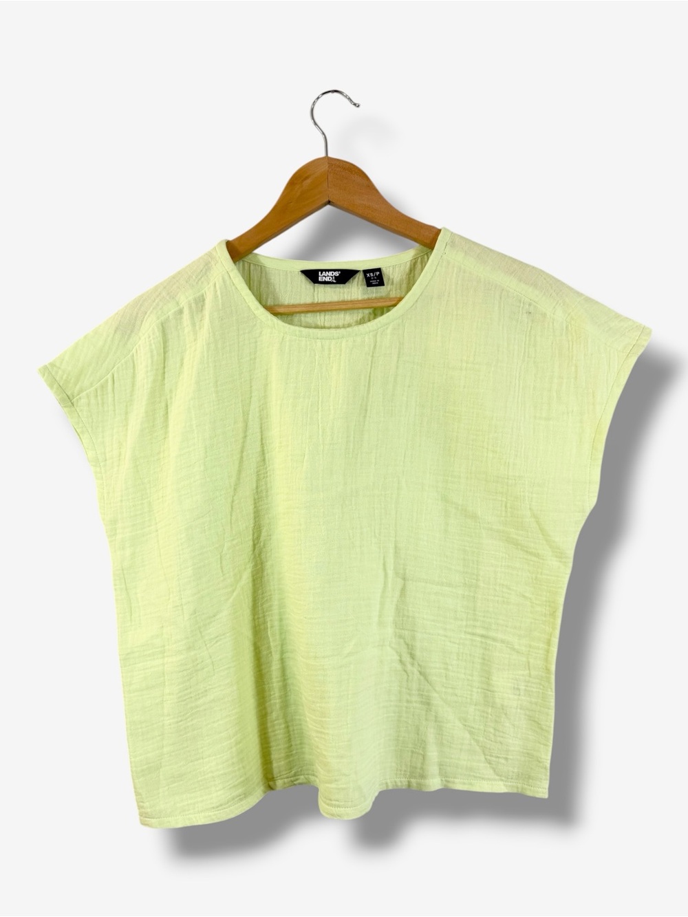 Lands End Gauze Cotton Boxy Top XS 2/4 Neon Yellow Green Oversized Casual Summer